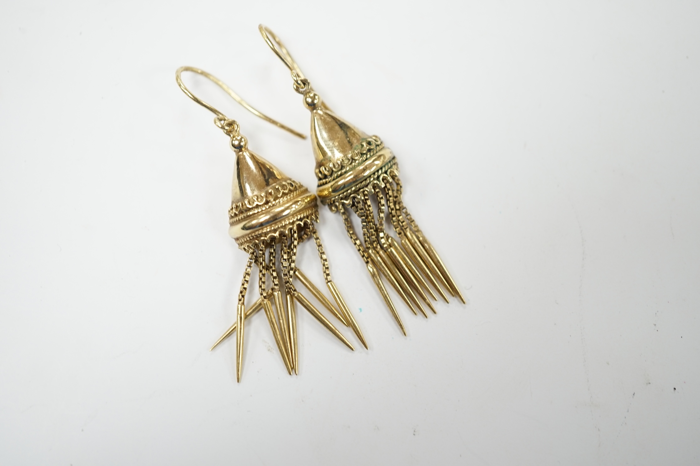 A pair of Victorian style yellow metal tassel drop earrings, 43mm, 10.3 grams. Good condition.